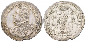 Parme, Ranuccio I Farnese 1592-1622
Ducatone, 1614, AG 31.66 g.
Avers : RAIN FARN PAR ET PLAC DVX IV
Revers : QVESITAM MERITIS, Mars et Pallas
Ref...