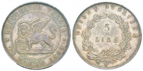 Venezia, Governo Provvisorio di Venezia, 1848-49
5 Lire, 1848, type 22 Marzo, AG 25 g.
Ref : Mont. 90, Pag.177
Conservation : PCGS MS63