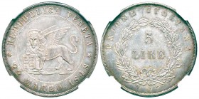 Venezia, Governo Provvisorio di Venezia, 1848-49
5 Lire, 1848, type 22 Marzo, AG 25 g.
Ref : Mont. 90, Pag.177
Conservation : NGC AU55. Belle patin...