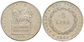 Venezia, Governo Provvisorio di Venezia, 1848-49
5 Lire, 1848, type 11 Agosto, AG 25 g.
Ref : Mont. 92, Pag.178
Conservation : presque FDC