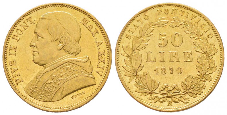 Pius IX 1846-1878          
50 Lire, Roma, 1870, AN XXIV, AU 16.12 g.          ...