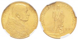 Pius XI 1922-1939
100 Lire, Roma, 1937, AN XVI, AU 5.19 g.
Ref : Berman 3353, Fr.285, KM#10, Mont.429 (R2), Pag. 620
Conservation : NGC MS64.
Quan...
