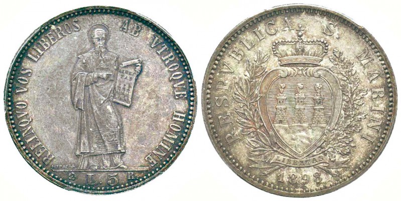 San Marino
5 lire, San Marino, 1898 Roma, AG 25 g.
Ref : Mont.01 (R), Pag. 357...