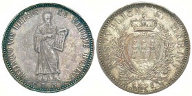San Marino
5 lire, San Marino, 1898 Roma, AG 25 g.
Ref : Mont.01 (R), Pag. 357, KM#6, Dav.302
Conservation : PCGS MS63. Magnifique Patine