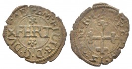 Emanuele Filiberto 1553-1580
Quarto di Grosso, I type, Nizza, non daté, Billon 0.81 g.
Avers : EM FILIB D G DVX SAB dans le champ FERT
Revers : P P...