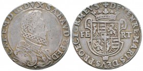 Carlo Emanuele 1580-1630 
Ducatone, IVe type, Torino, 1590 T, AG 31.63 g.
Avers : CAR EM DG DVX SABAVD P PED buste cuirassé́ à droite, en exergue 15...