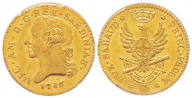 Vittorio Amedeo III 1773-1796 
Doppia, Torino, 1786, AU 9.1 g.               
Avers : VIC AM D G REX SARDINIAE Tête nue à gauche. Date au-dessous
R...