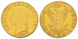 Carlo Emanuele IV 1796-1800 
Doppia, Torino, 1800, AU 9.02 g.
Avers : CAROLUS EMANUEL IV Tête nue à gauche. Date au-dessous
Revers : D G REX SAR / ...