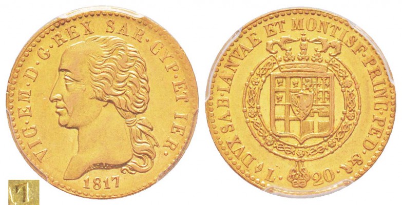 Vittorio Emanuele I 1802-1821
20 lire, Torino, 1817/6, AU 6.45 g.
Ref : MIR. 1...