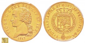 Vittorio Emanuele I 1802-1821
20 lire, Torino, 1817/6, AU 6.45 g.
Ref : MIR. 1028b (R), Mont.18b, Pag.5, Fr.1129, KM C#95
Conservation : PCGS AU55....