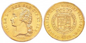 Vittorio Emanuele I 1802-1821
20 lire, Torino, 1818, AU 6.45 g.
Ref : MIR.1028c (R), Mont.19, Pag.6, Fr.1129, KM C#95
Conservation : PCGS MS62. Le ...