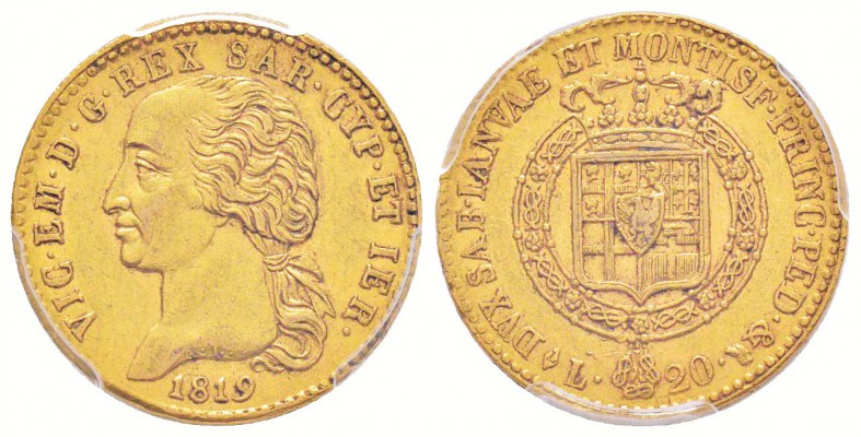 Vittorio Emanuele I 1802-1821
20 lire, Torino, 1819 L, AU 6.45 g.
Ref : MIR.10...