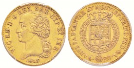Vittorio Emanuele I 1802-1821
20 lire, Torino, 1819 L, AU 6.45 g.
Ref : MIR.1028d (R), Mont.20, Pag.7, Fr.1129, KM C#95
Conservation : PCGS MS61. L...