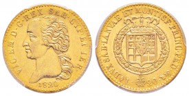 Vittorio Emanuele I 1802-1821
20 lire, Torino, 1820, AU 6.45 g.
Ref : MIR. 1028e (R), Mont.21, Pag.8, Fr.1129, KM C#95
Conservation : PCGS AU58