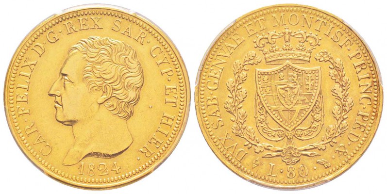Carlo Felice 1821-1831
80 lire, Torino, 1824 (L), AU 25.8 g.
Ref : MIR.1032c, ...
