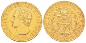 Carlo Felice 1821-1831
80 lire, Torino, 1824 (L), AU 25.8 g.
Ref : MIR.1032c, Mont.02, Pag.24, Fr.1132, C#108.1
Conservation : PCGS AU53