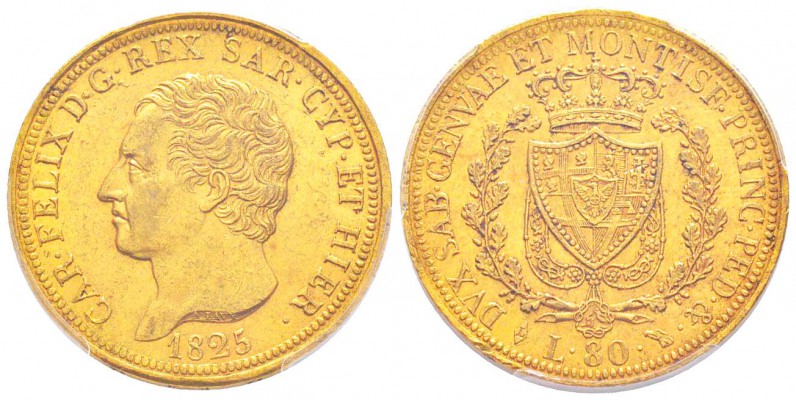 Carlo Felice 1821-1831
80 lire, Torino, 1825 (L), AU 25.8 g.
Ref : MIR.1032e, ...