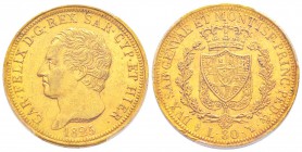 Carlo Felice 1821-1831
80 lire, Torino, 1825 (L), AU 25.8 g.
Ref : MIR.1032e, Mont.04, Pag. 26 , Fr.1132, C#108.1
Conservation : PCGS MS61