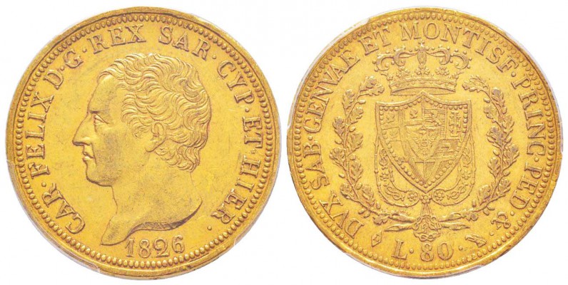 Carlo Felice 1821-1831
80 lire, Torino, 1826 (L), AU 25.8 g.               
Re...