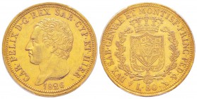 Carlo Felice 1821-1831
80 lire, Torino, 1826 (L), AU 25.8 g.               
Ref : MIR.1032f, Mont.07, Pag.28, Fr.1132, C#108.1               
Conse...