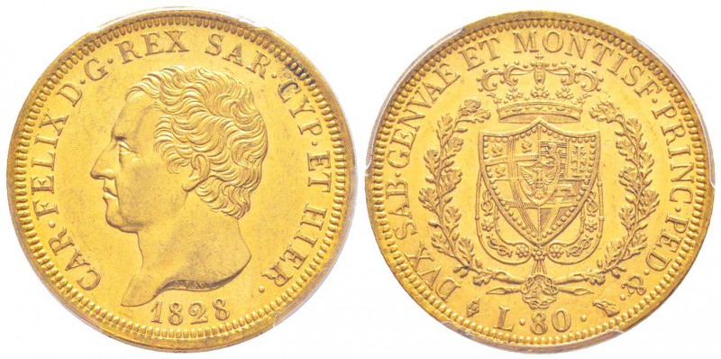Carlo Felice 1821-1831
80 lire, Torino, 1828 (L), AU 25.8 g.               
Re...
