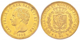 Carlo Felice 1821-1831
80 lire, Torino, 1828 (L), AU 25.8 g.               
Ref : MIR.1032j, Mont.11, Pag.32, Fr.1132, C#108.1               
Conse...