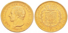 Carlo Felice 1821-1831
80 lire, Torino, 1828 (P), AU 25.8 g.               
Ref : MIR.1032k (R3), Mont.13, Pag.31, Fr.1133, C#108.2               
...