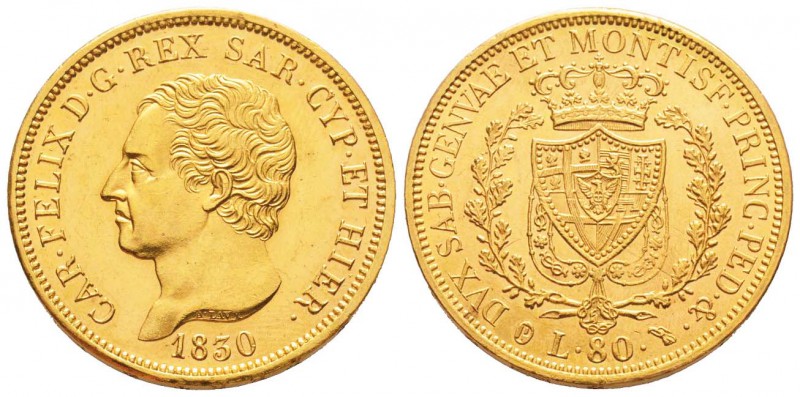 Carlo Felice 1821-1831
80 lire, Torino, 1830 (P), AU 25.8 g.               
Re...