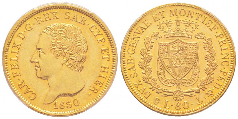 Carlo Felice 1821-1831
80 lire, Genova, 1830 (P), AU 25.8 g.               
Re...