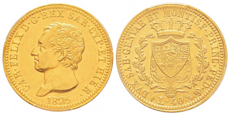 Carlo Felice 1821-1831
40 lire, Torino, 1825 (L), AU 12.9 g.               
Re...