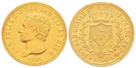 Carlo Felice 1821-1831
40 lire, Torino, 1825 (L), AU 12.9 g.               
Ref : MIR.1033c (R), Mont.23, Pag.42, Fr.1134, C#107.1               
C...
