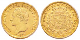 Carlo Felice 1821-1831
20 lire, Genova, 1827 (P), AU 6.45 g.
Ref : MIR.1034i (R3), Mont.40, Pag.53, Fr.1137, C#106.2
Conservation : PCGS AU50. Rari...