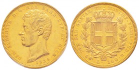 Carlo Alberto 1831-1849
100 lire, Torino, 1834 (P), AU 32.25 g.
Ref : MIR.1043e, Mont.05, Pag.139, Fr.1138, C#117.2
Conservation : PCGS AU53