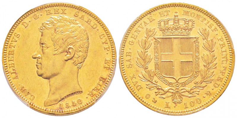 Carlo Alberto 1831-1849
100 lire, Genova, 1840 (P), AU 32.25 g.
Ref : MIR.1043...