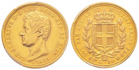 Carlo Alberto 1831-1849
50 lire, Torino, 1833 (P), AU 16.05 g.               
Ref : MIR.1044b (R2),  Mont.28, Pag.162, Fr.1140, C#116.1             ...