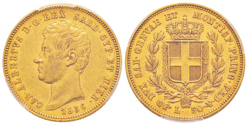50 lire, Torino, 1836 (P), AU 16.12 g.               
Ref : MIR.1044c (R2),  Mo...