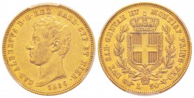 50 lire, Torino, 1836 (P), AU 16.12 g.               
Ref : MIR.1044c (R2),  Mont.33, Pag.166, Fr.1140, C#116.1               
Conservation : PCGS A...