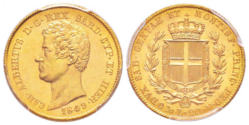Carlo Alberto 1831-1849
20 lire, Genova, 1849 (P), AU 6.45 g.               
R...