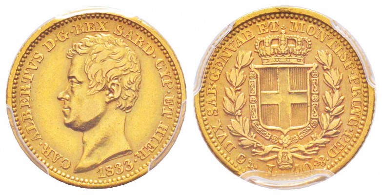 Carlo Alberto 1831-1849
10 lire, Genova, 1833 (P), AU 3.22 g.
Ref : MIR.1046a ...