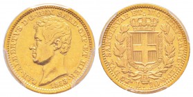 Carlo Alberto 1831-1849
10 lire, Torino, 1833 (P), AU 3.22g.
Ref : MIR.1046b (R2), Mont.83, Pag.212, Fr.1144, C#114.1
Conservation : PCGS XF40. 
Q...