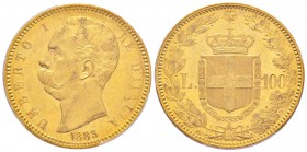 Umberto I 1878-1900 
100 lire, Rome, 1883 R, AU 32.25 g.
Ref : MIR.1096c (R), Mont.03, Pag.569, Fr.18, KM#22
Conservation : PCGS MS61 
Quantité: 4...