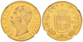 Umberto I 1878-1900 
100 lire, Rome, 1888 R, AU 32.25 g.
Ref : MIR.1096d (R2), Mont.04, Pag.570, Fr.18, KM#22
Conservation : NGC MS61. 
Quantité: ...