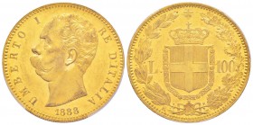 Umberto I 1878-1900 
100 lire, Rome, 1888 R, AU 32.25 g.
Ref : MIR.1096d (R2), Mont.04, Pag.570, Fr.18, KM#22
Conservation : PCGS MS62. Le plus bel...