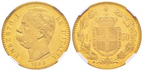 Umberto I 1878-1900 
50 lire, Roma, 1888 R, AU 16.12 g.               
Ref : MIR.1097b (R2), Mont.07, Pa g.573, Fr.19, KM#25               
Conserv...