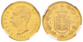 Umberto I 1878-1900 
20 lire, Roma, 1884 R, AU 6.45 g.               
Ref : MIR.1098i (R2), Mont.20, Pa g.580, Fr.21, KM#21               
Conserva...