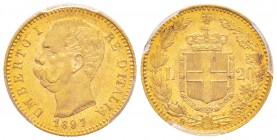 Umberto I 1878-1900 
20 lire, Roma, 1897 R, AU 6.45 g.               
Ref : MIR.1098s (R), Mont.31, Pa g.588, Fr.21, KM#21               
Conservat...