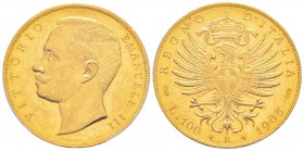 Vittorio Emanuele III 1900-1943
100 lire, Roma, 1905 R, AU 32.25 g.
Ref : MIR 1114c, Mont.3 (R2), Pag.639, Fr.22, KM#39
Conservation : PCGS MS62. R...