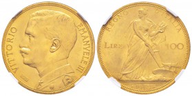 Vittorio Emanuele III 1900-1943
100 lire, Rome, 1912 R, AU 32.25 g.
Ref : MIR.1115b (R2), Mont.7, Pag.641, Fr.26, KM#50
Conservation : NGC MS63