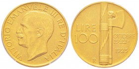 Vittorio Emanuele III 1900-1943
100 lire, Roma, 1923 R, avec l'axe décalé de 15°, AU 32.25 g.               
Ref : MIR.1116d (R4), Mont.15 (R5), Pa ...