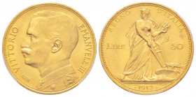 Vittorio Emanuele III 1900-1943
50 lire, Roma, 1912 R, AU 16.13 g.               
Ref : MIR.1121b, Mont.30, Pa g.653, Fr.27, KM#49               
C...